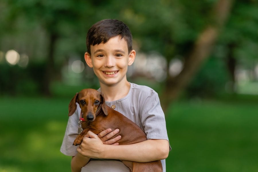 Cute boy holds a dachshund dog in his arms